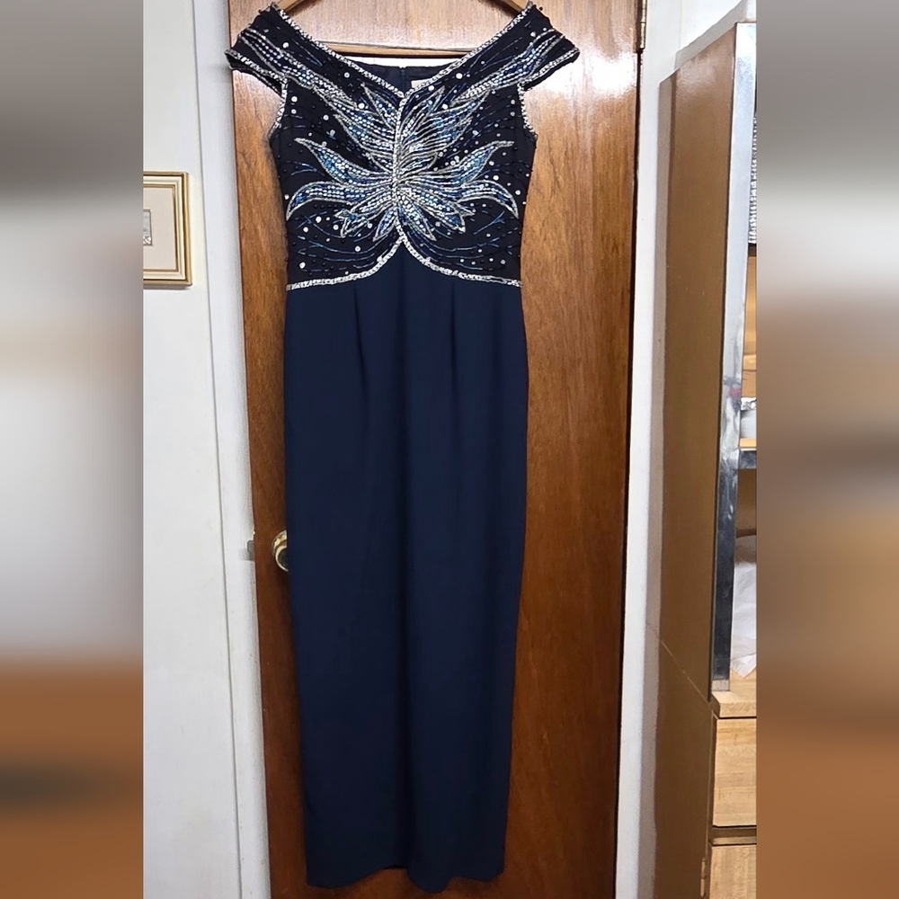 Elegant Navy Blue Embellished Evening Gown